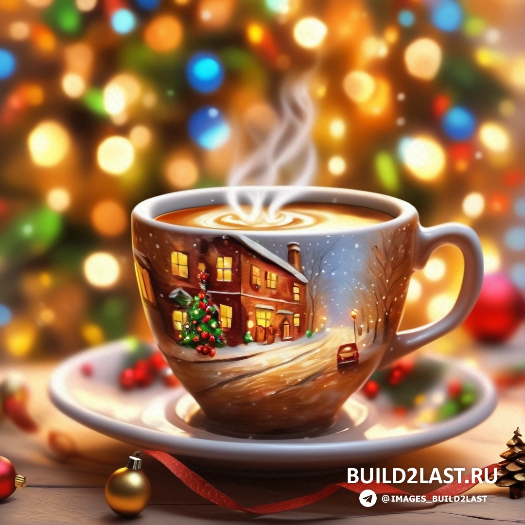 чашка кофе с рождественской сценой и рождественская елка с огнями и украшениями
