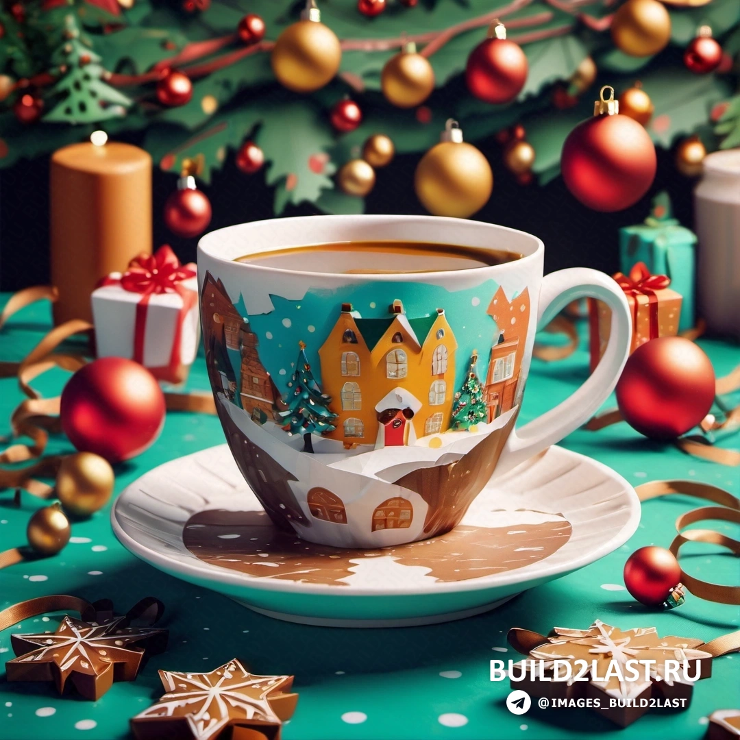 чашка кофе с рождественской сценой и украшениями на столе с елкой