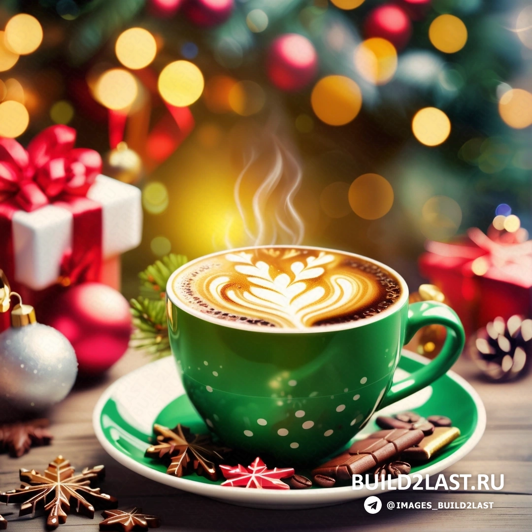 чашка кофе с сердечком и рождественская елка с огнями и украшениями