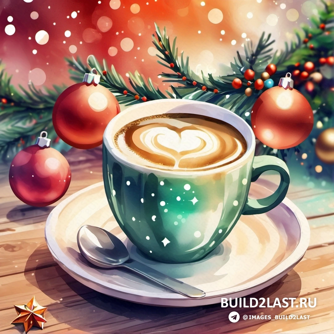 чашка кофе с сердечком и рождественскими украшениями вокруг него на деревянном столе с деревянным столом