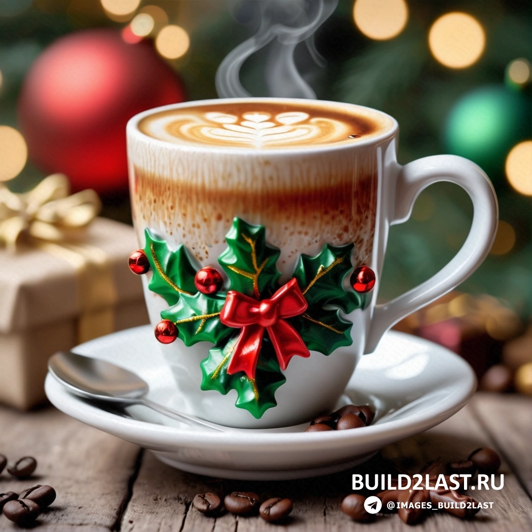 чашка кофе с украшением из падуба и ложкой перед ней, на фоне рождественской елки