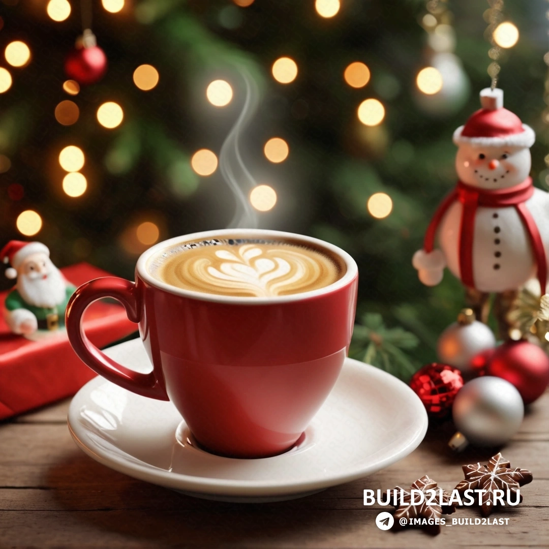 чашка кофе с украшением в виде снеговика на столе рядом и рождественской елкой
