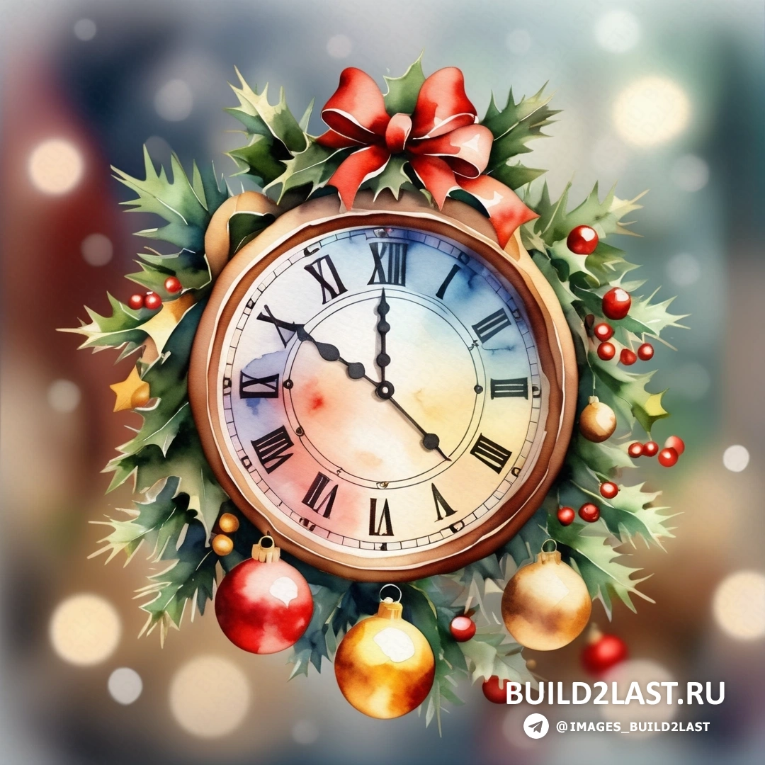 часы с бантом и рождественскими украшениями на циферблате и лентой вокруг циферблата