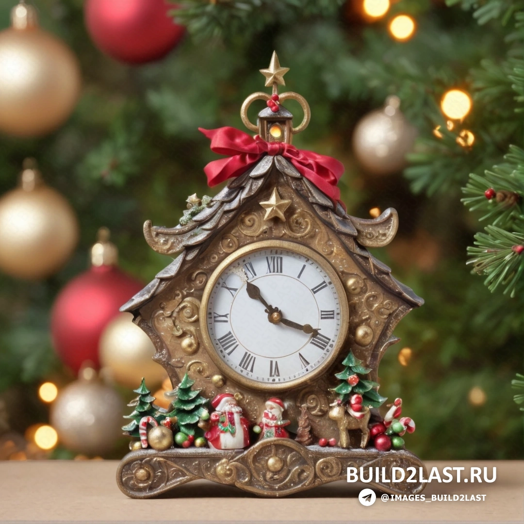 часы с красным бантом, сидящие перед рождественской елкой с украшениями