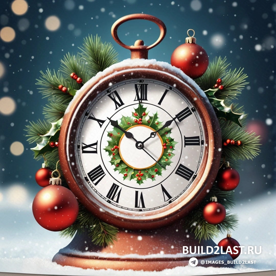 часы с венком и колокольчиками на снегу с рождественскими украшениями вокруг и синим фоном