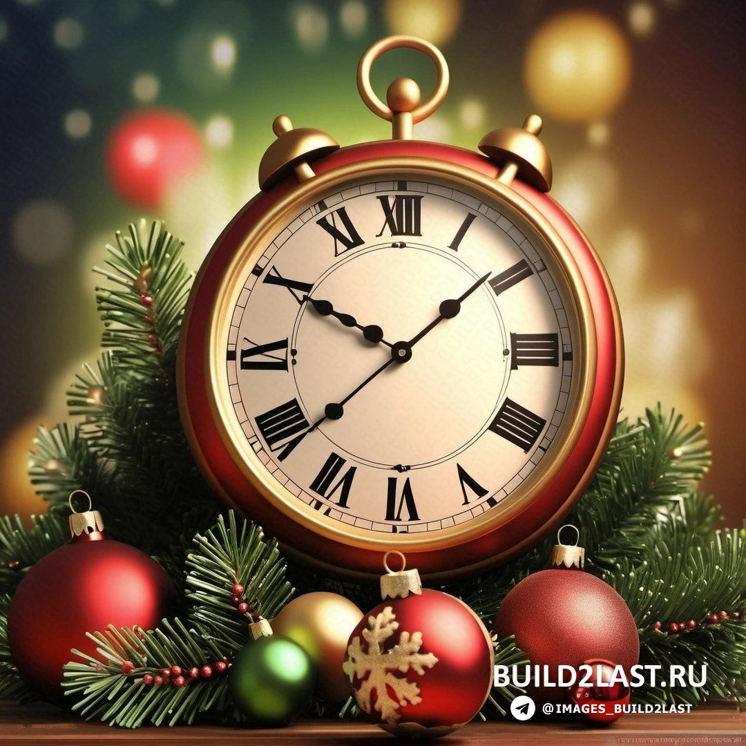 часы на деревянном столе рядом с рождественскими украшениями