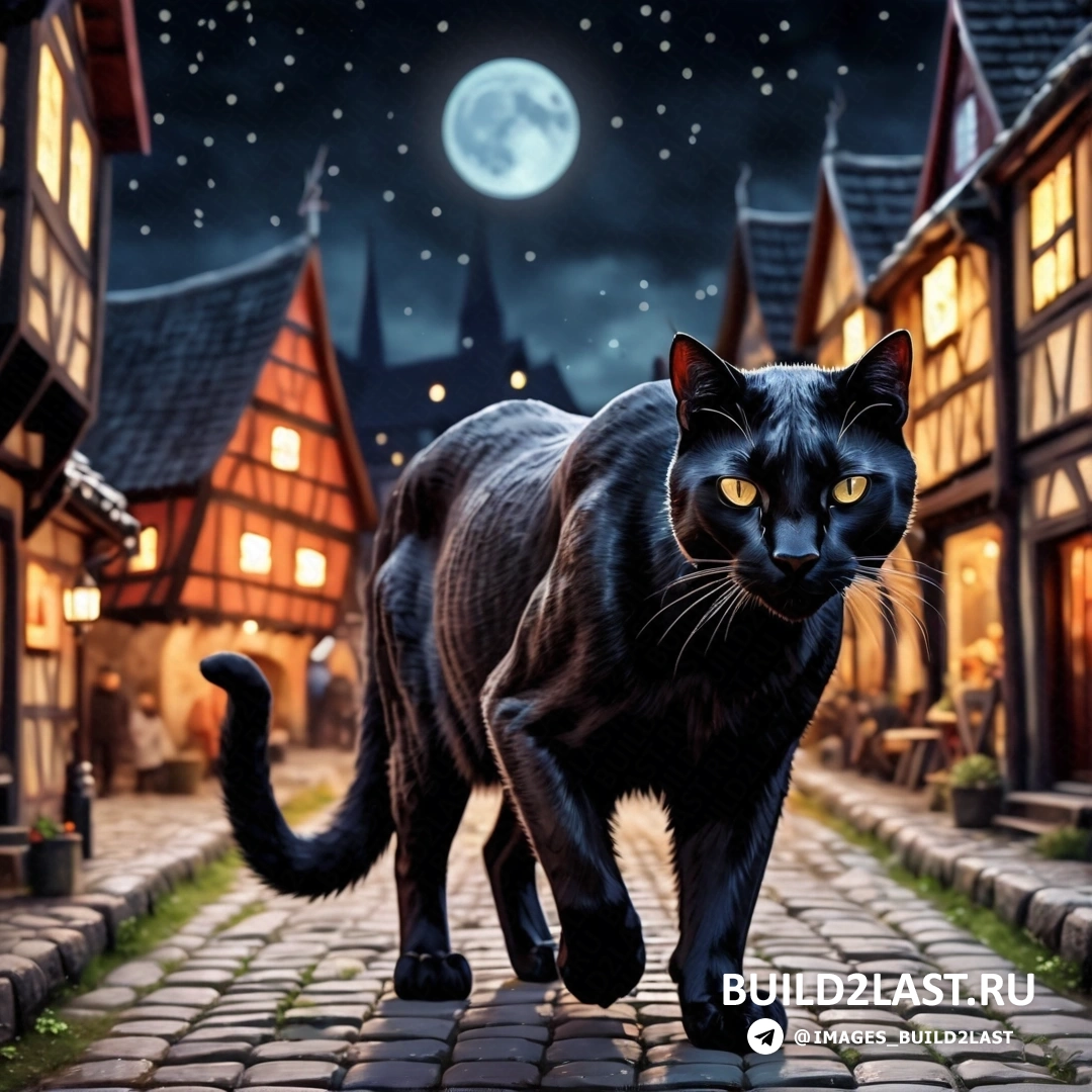 черная кошка идет ночью по мощеной улице с полной луной