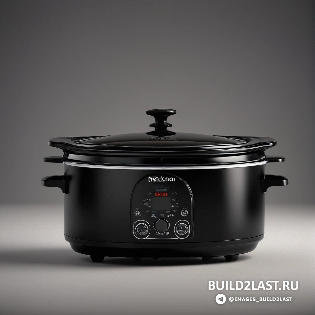 Фотореализм - компьютерная визуализация. Черная мультиварка с крышкой на столешнице с серым фоном