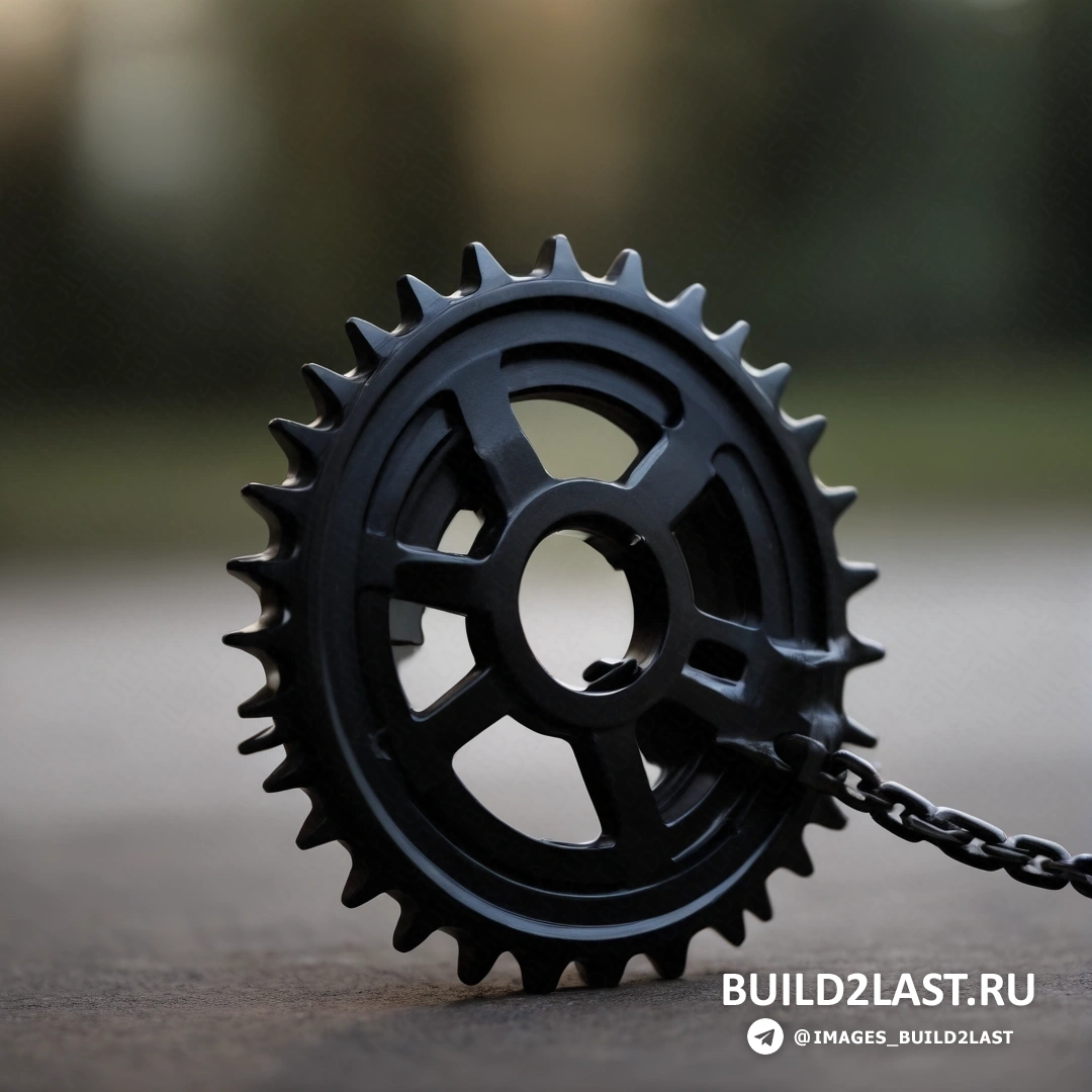 Кинетическое искусство — 3D-рендеринг. Черная шестеренка с прикрепленной к ней цепью на тротуаре с деревьями на заднем плане