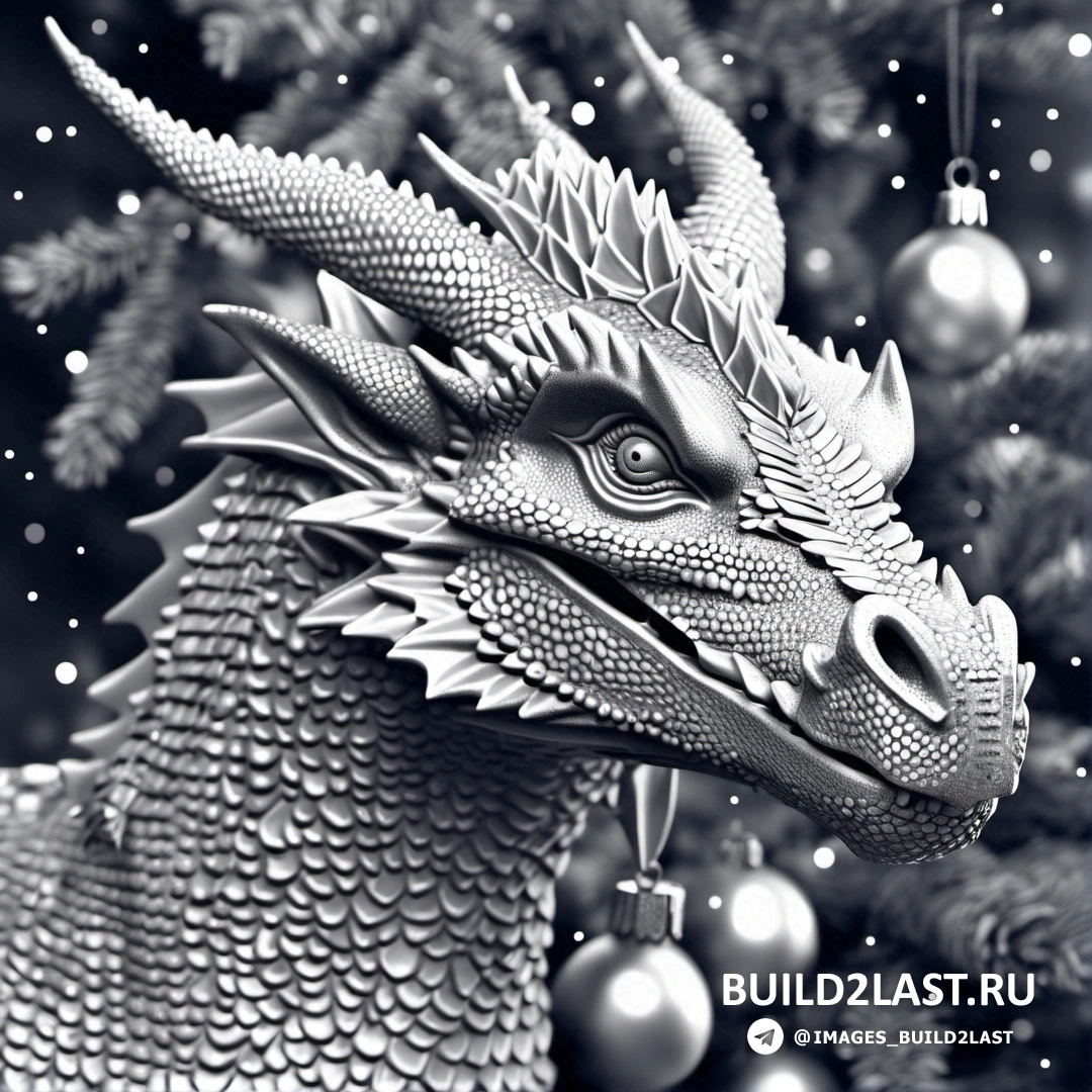 черно-белое фото дракона рядом с рождественской елкой с украшениями и звездой на вершине