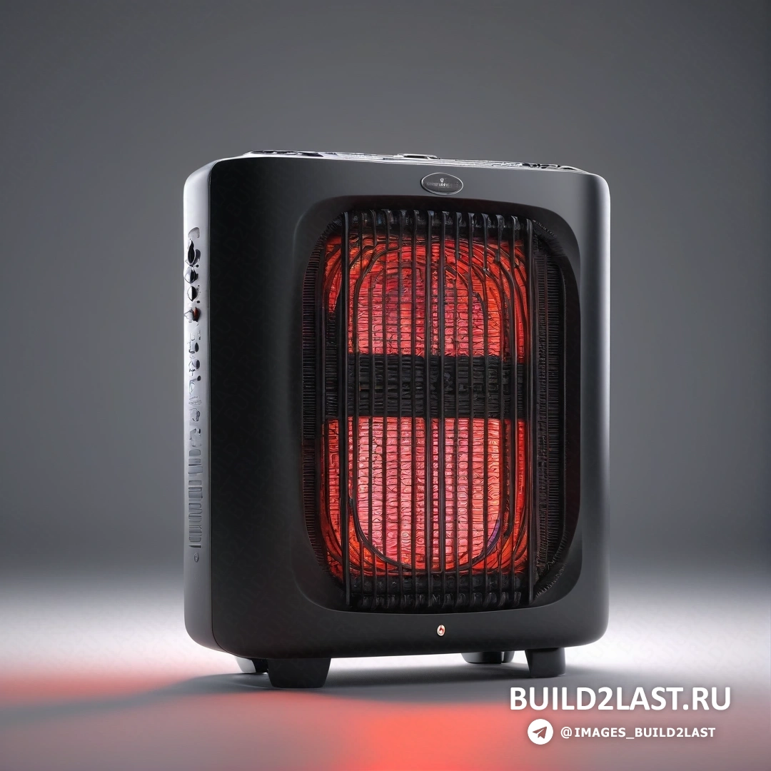 Пуризм - компьютерная визуализация. Черно-красный обогреватель на столе рядом с красным светильником на полу