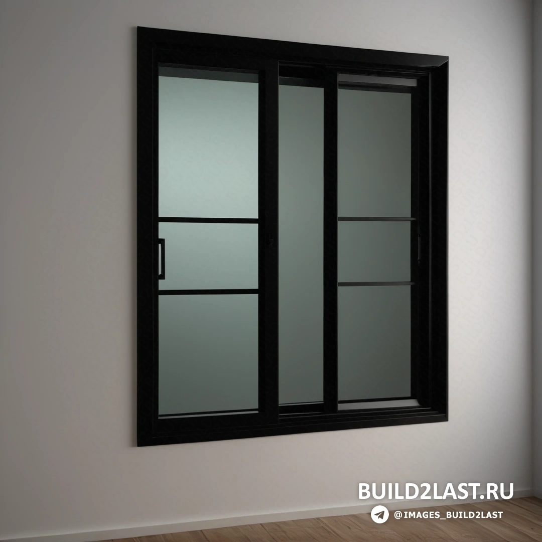 Модульный конструктивизм - цифровая рендеринг. Черное окно в белой комнате с деревянным полом и белой стеной с оконной рамой и стеклом