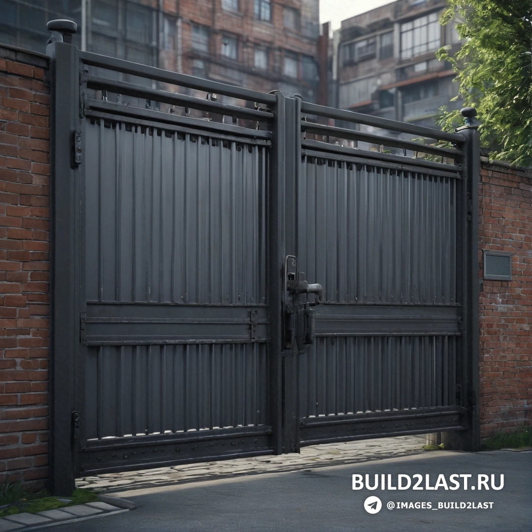 Фотореализм - детальная матовая живопись. Черные ворота с кирпичной стеной и кирпичное здание за ними с кирпичной стеной