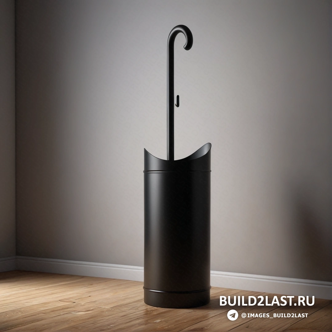 Постминимализм - 3D-рендер. Черный держатель для зонта на деревянном полу в комнате с белой стеной и деревянным полом