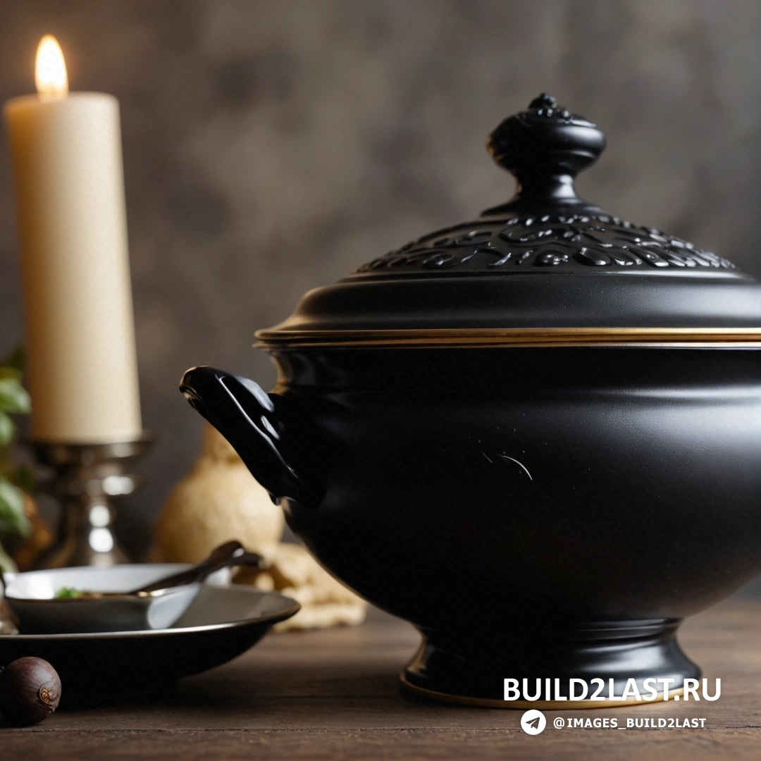 Ванитас - натюрморт. Черный горшок со свечой на столе рядом с тарелкой с едой