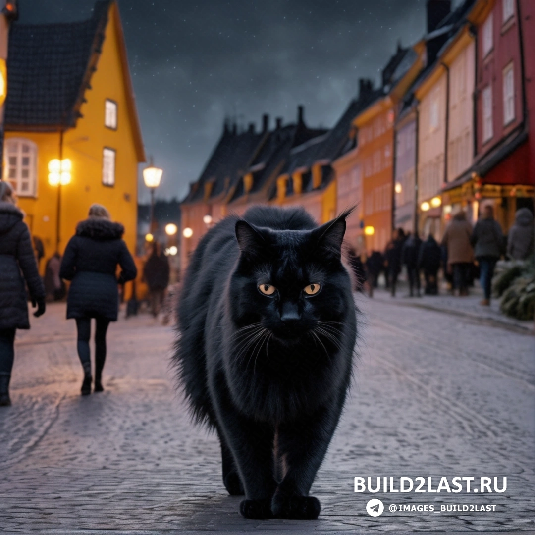 черный кот идет ночью по улице рядом с желтым зданием, мимо проходят люди и темное небо