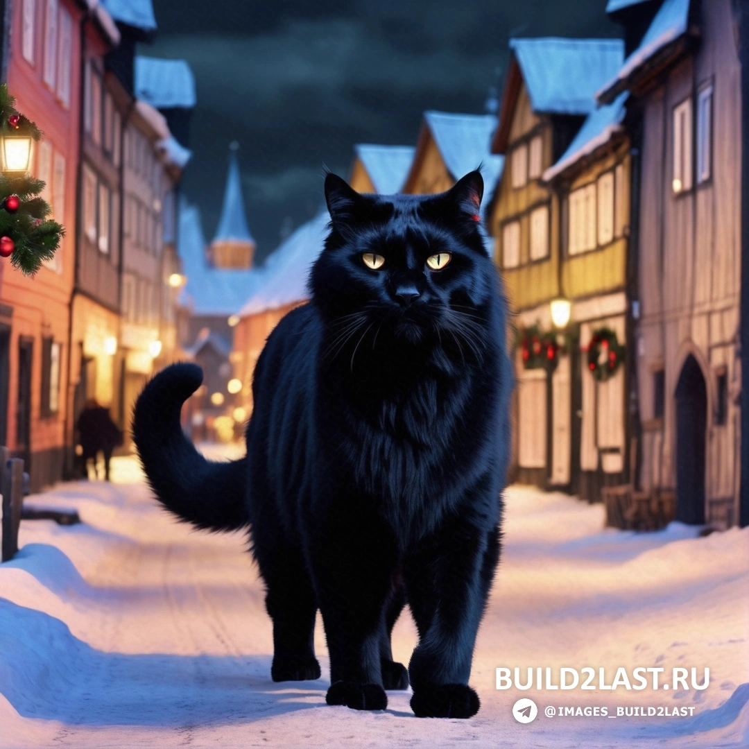 черный кот идет ночью по заснеженной улице на фоне рождественской елки и зажженного фонаря