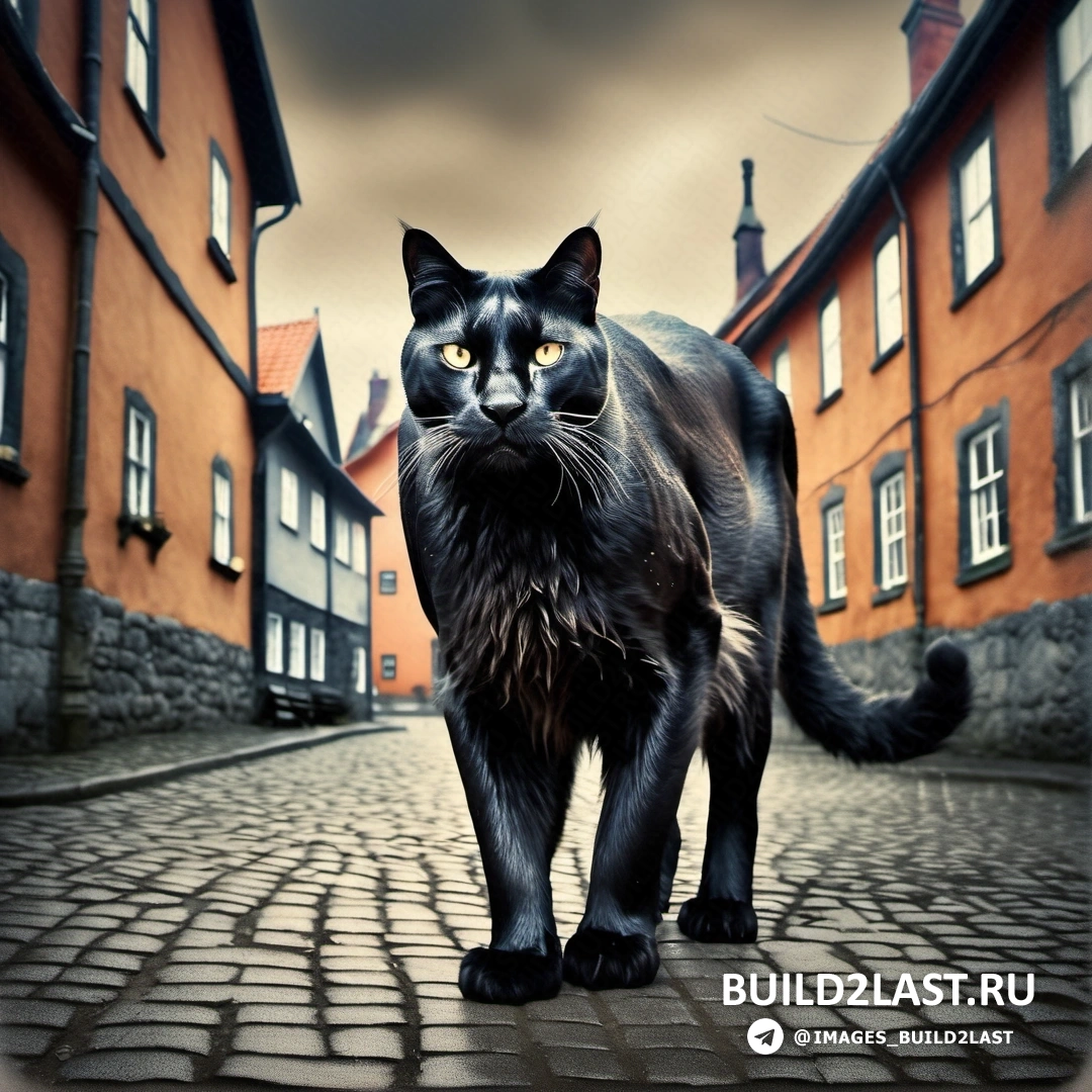 черный кот идет по мощеной улице в городе с красными зданиями и булыжником