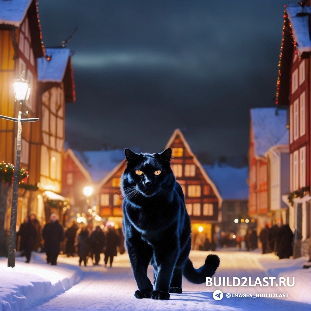 черный кот идет по ночной улице, мимо проходят люди и освещенные здания