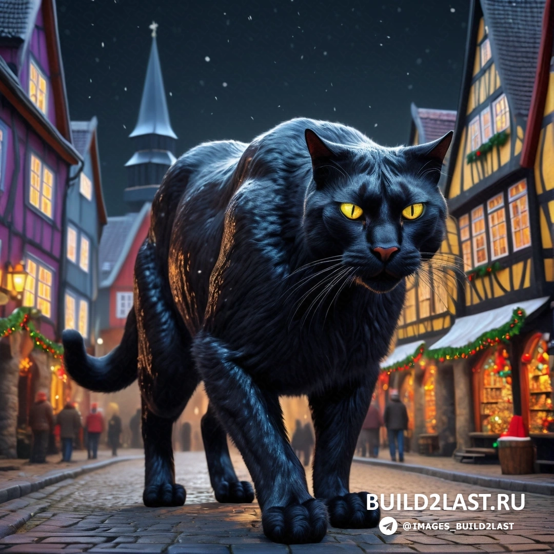 черный кот идет по ночной улице с рождественскими огнями на зданиях и людьми