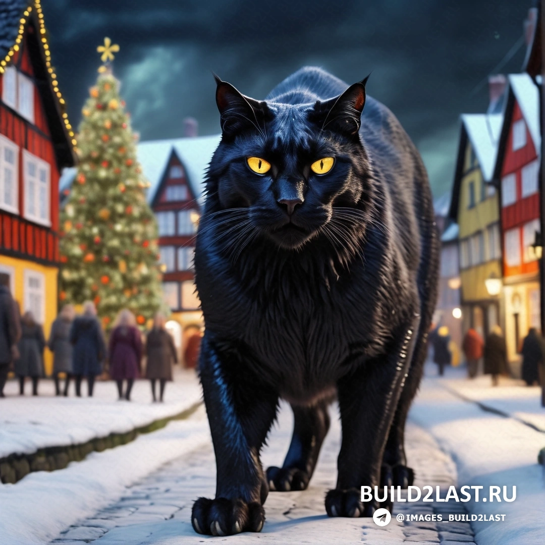 черный кот идет по улице рядом с рождественской елкой и толпой людей