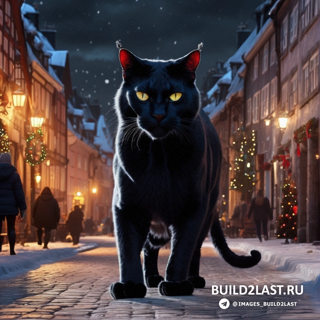 черный кот, идущий по ночной улице с множеством огней на морде и глазах