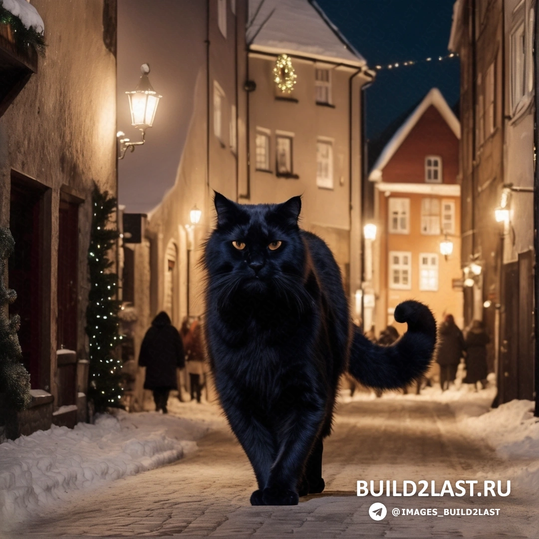 черный кот, идущий по ночной улице с множеством огней 