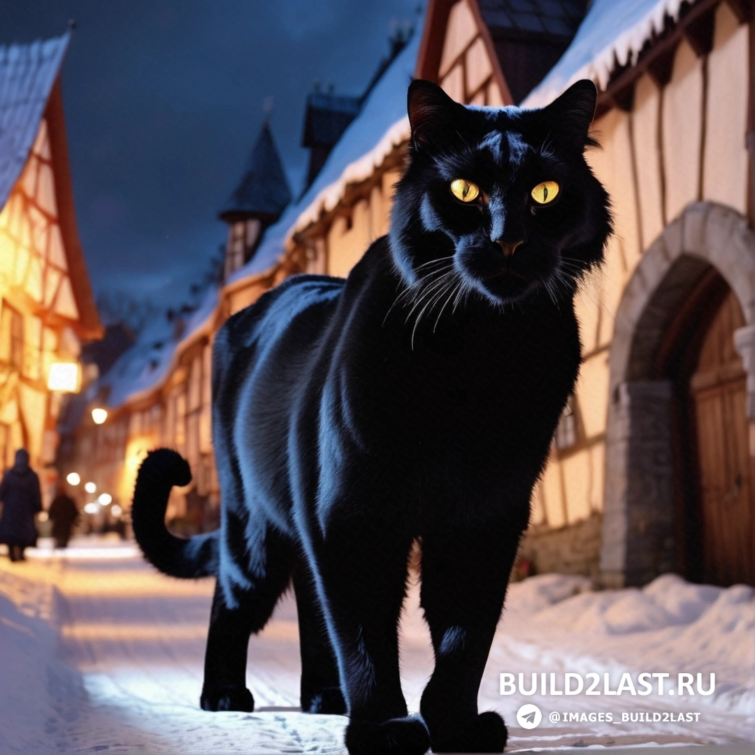 черный кот, идущий по улице рядом со зданием ночью с желтыми глазами