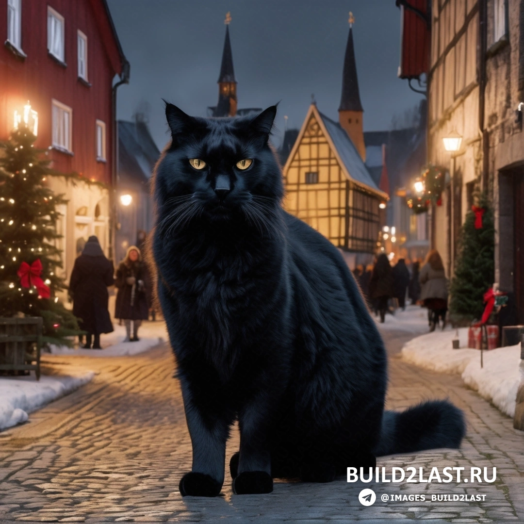 черный кот на мощеной улице в ночном городе с рождественскими огнями на зданиях