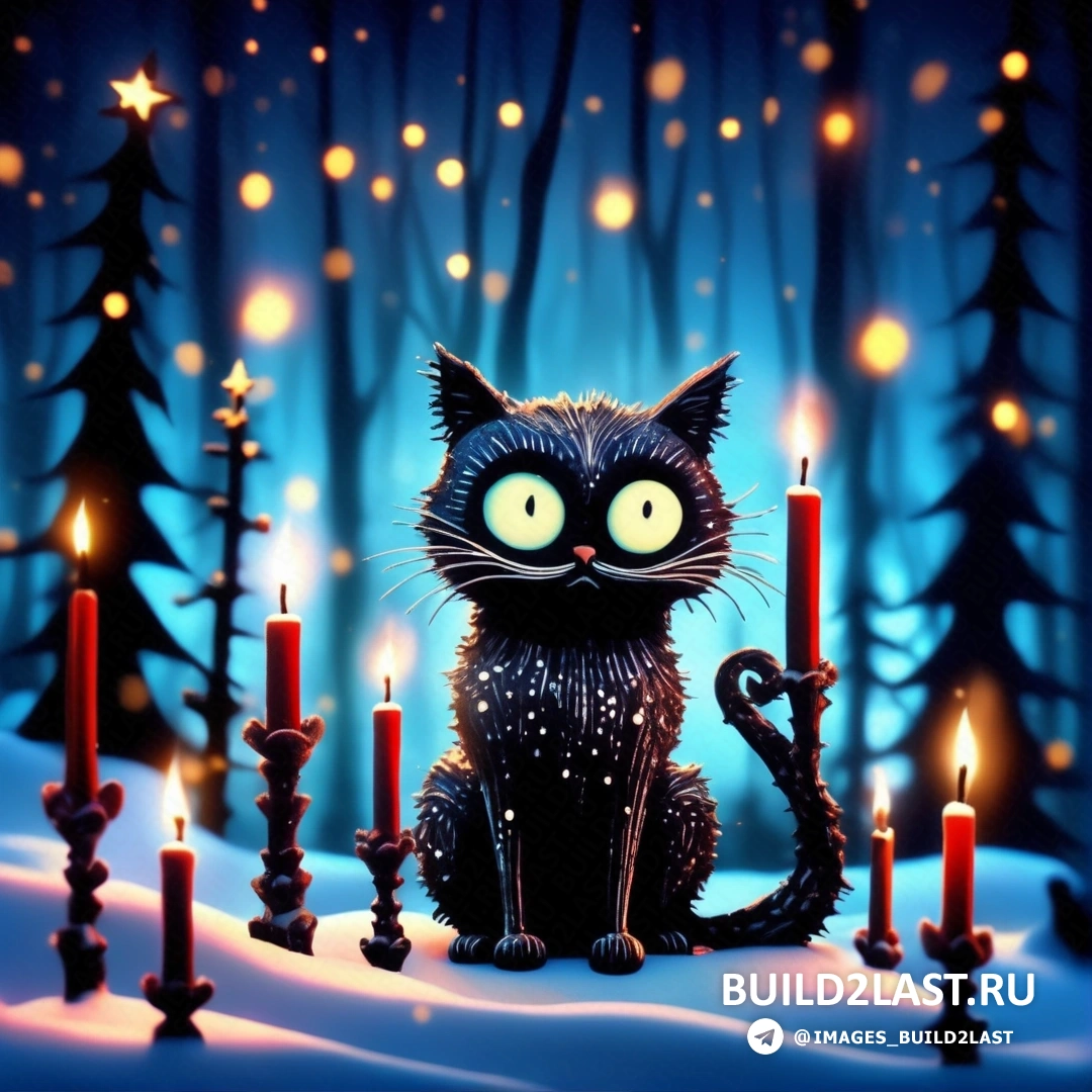 черный кот, на снегу, со свечами перед ним и лесным фоном со звездами и огнями