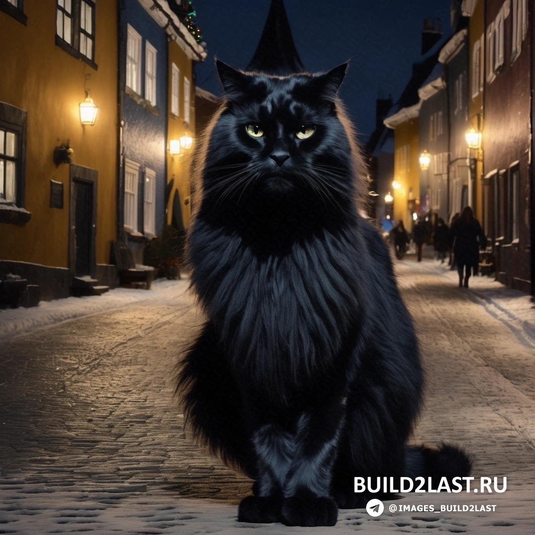 черный кот ночью на мощеной улице на фоне полной луны и проходящих мимо людей