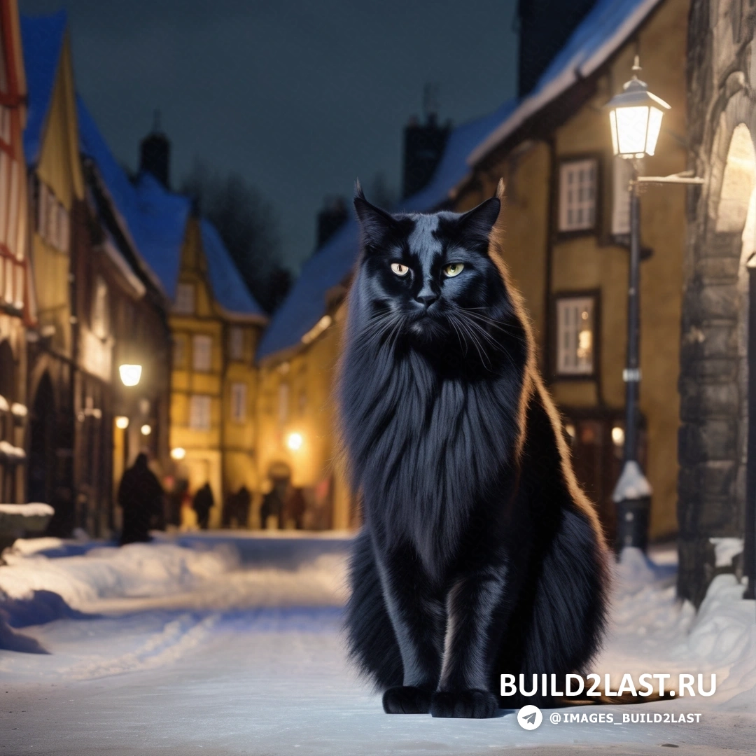 черный кот ночью на заснеженной улице, мимо проходят люди и здание