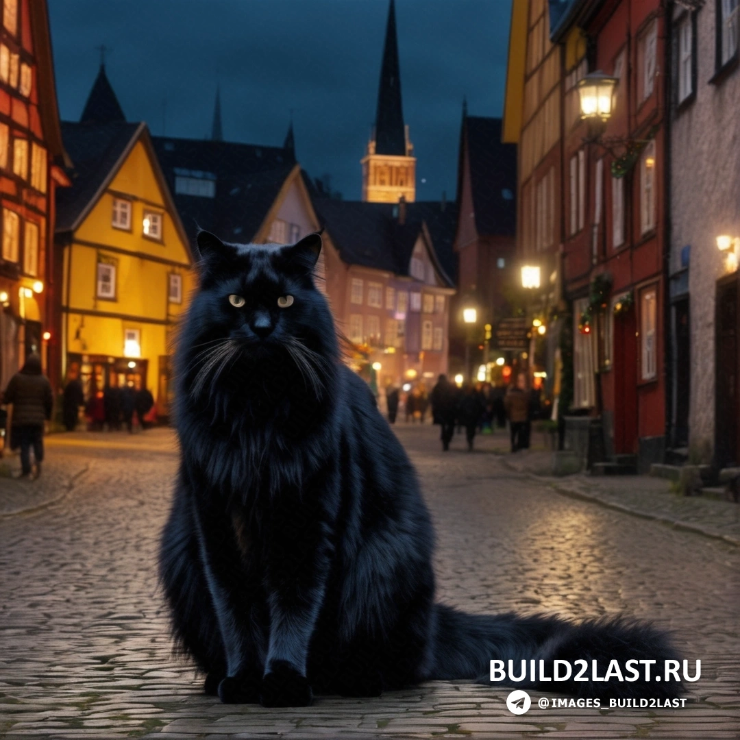 черный кот ночью на мощеной улице на фоне башни с часами и проходящих мимо людей