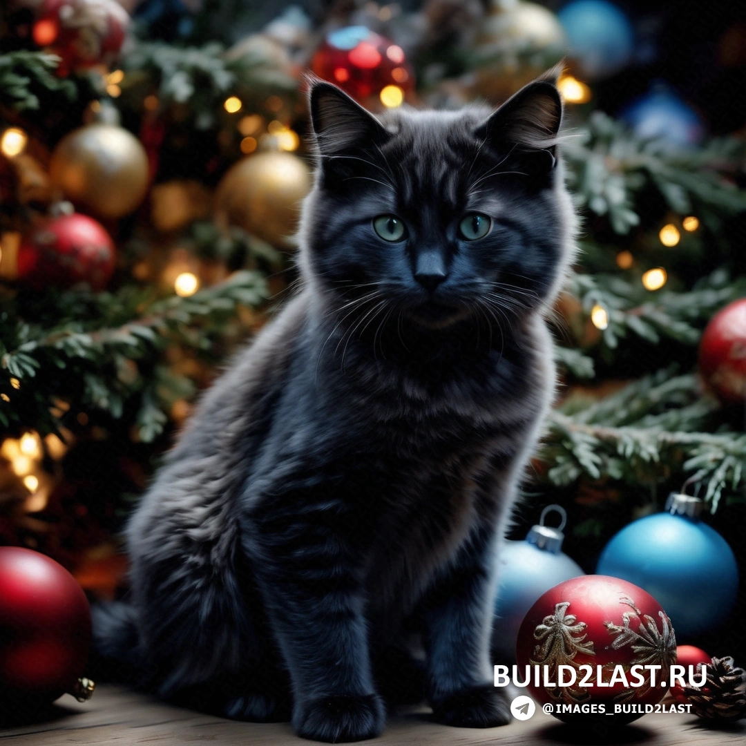 черный кот перед рождественской елкой с украшениями