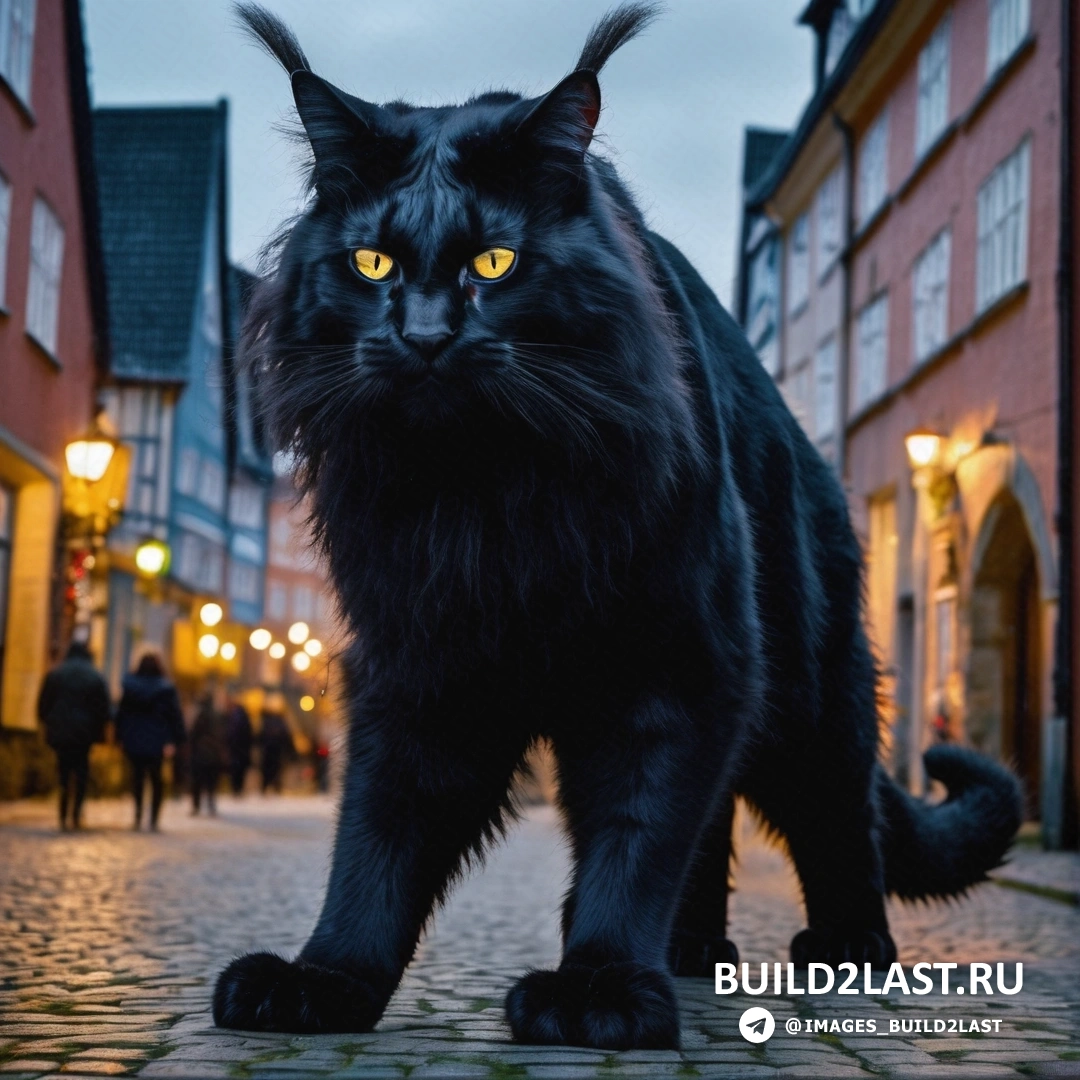 черный кот с желтыми глазами, стоящий на мощеной улице в европейском городе в ночное время