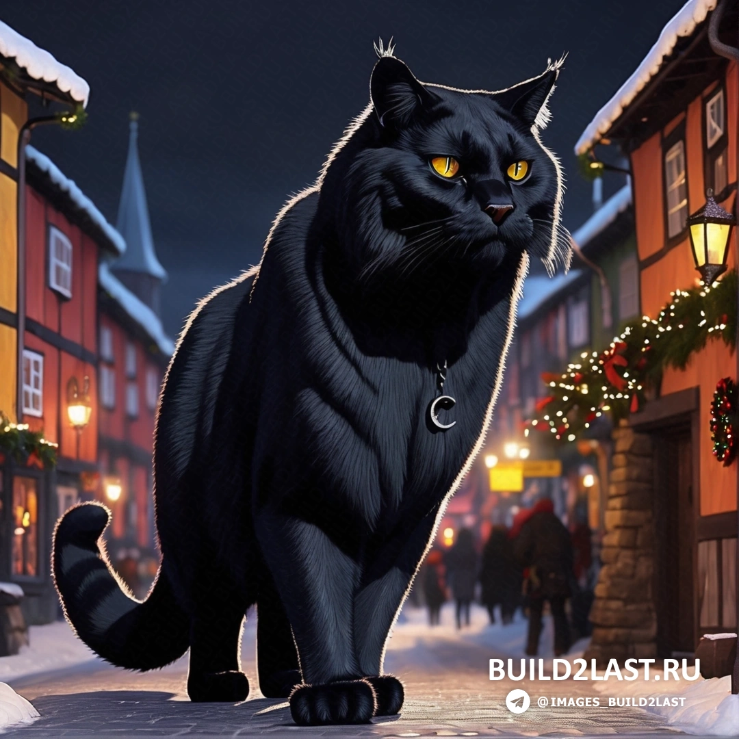 черный кот стоит ночью на заснеженной улице на фоне рождественской елки и освещенного здания