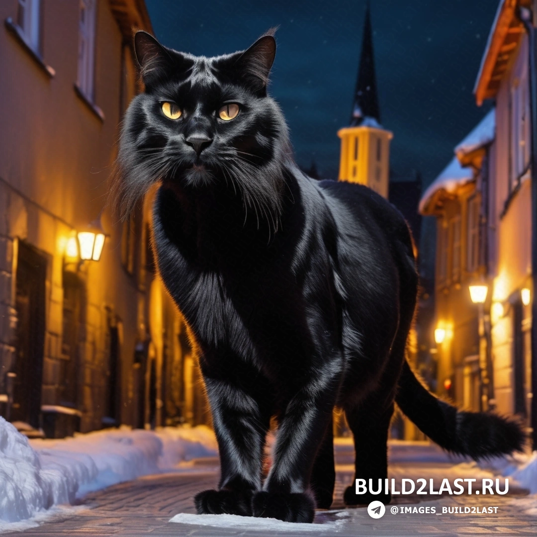 черный кот, стоящий ночью на тротуаре в снегу, на фоне церкви и уличного фонаря