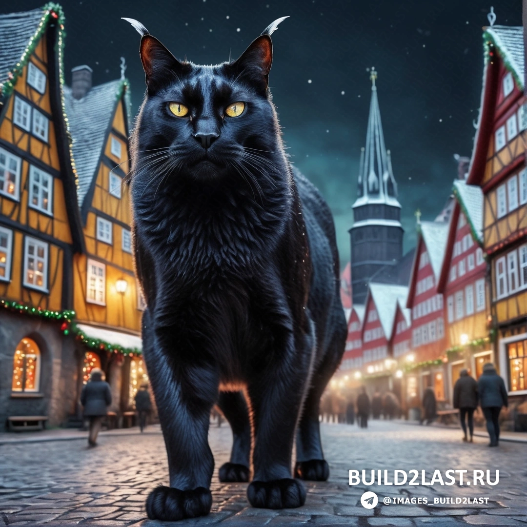 черный кот, стоящий на мощеной улице перед зданием с рождественским светом