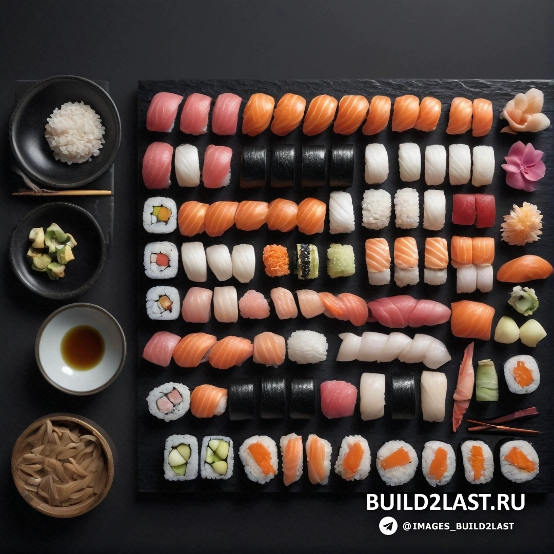 Дау-аль-сет - пазл. Черный поднос с суши и палочками для еды на нем, миска с соусом и чашка чая