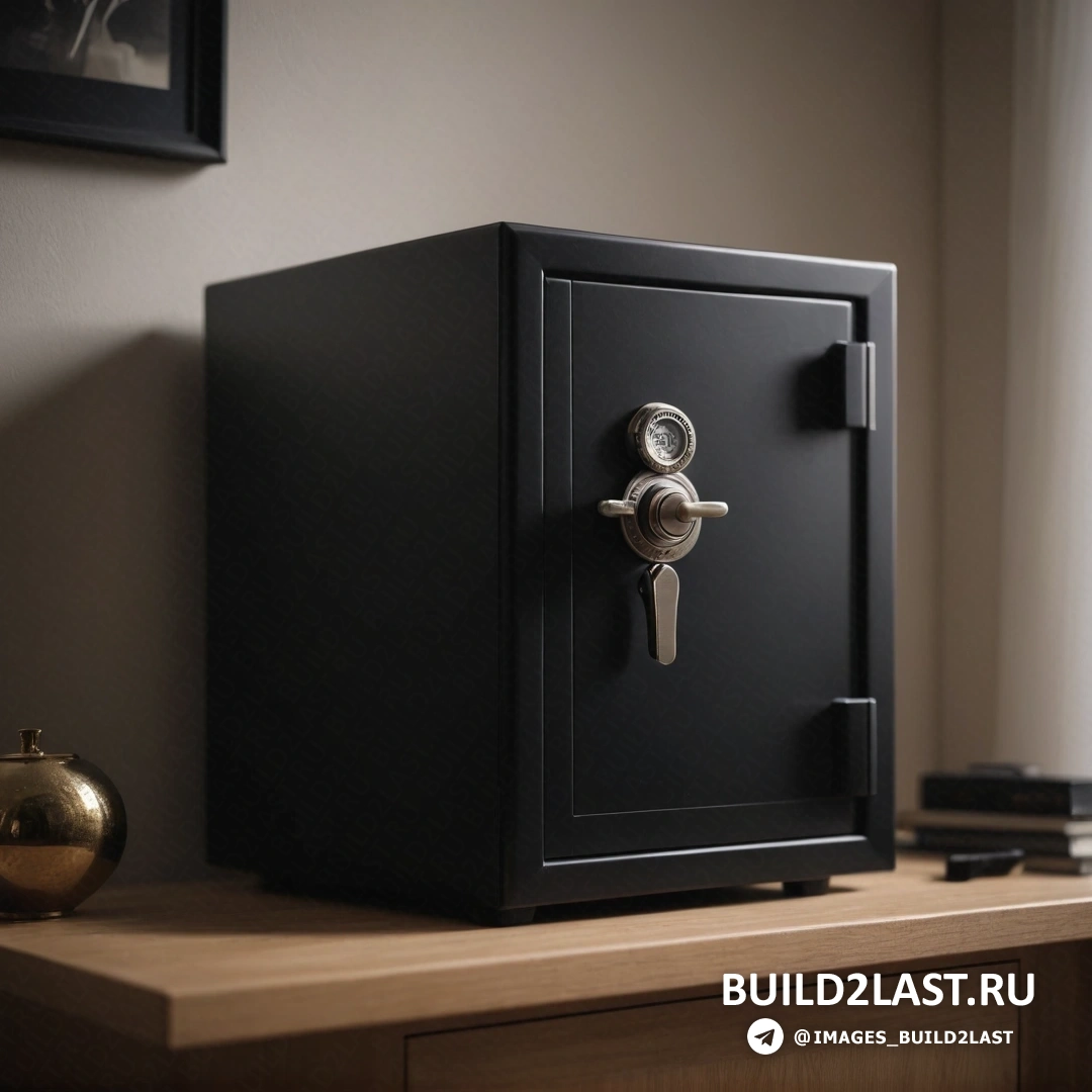 Частный пресс - 3D-рендер. Черный сейф на деревянном столе рядом с окном и вазой