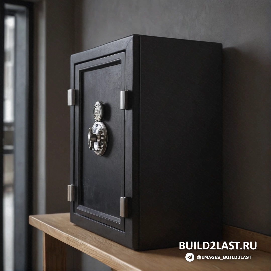 Частный пресс - 3D-рендер. Черный сейф на деревянной полке рядом с окном со стеклянной дверью на нем