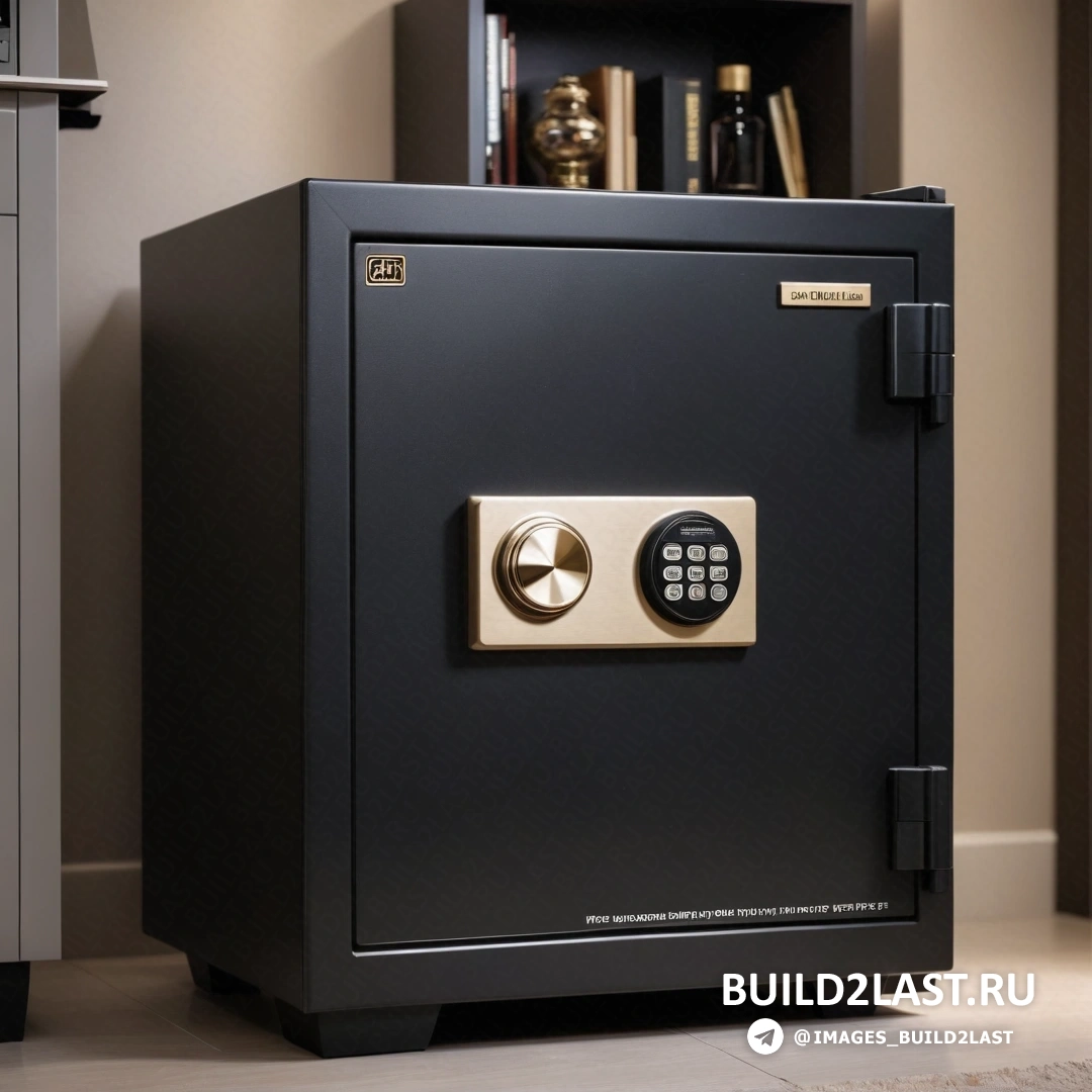 Частный пресс - цифровая визуализация. Черный сейф с золотым замком на белом полу рядом с книжным шкафом