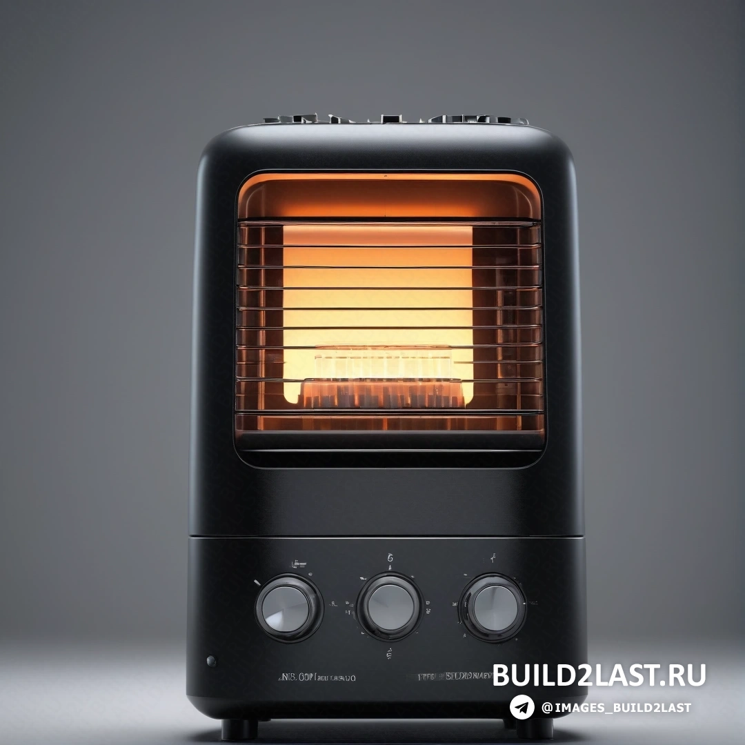 Фотореализм — компьютерная визуализация. Черный тостер с пламенем, выходящим из боковой дверцы, и серым фоном