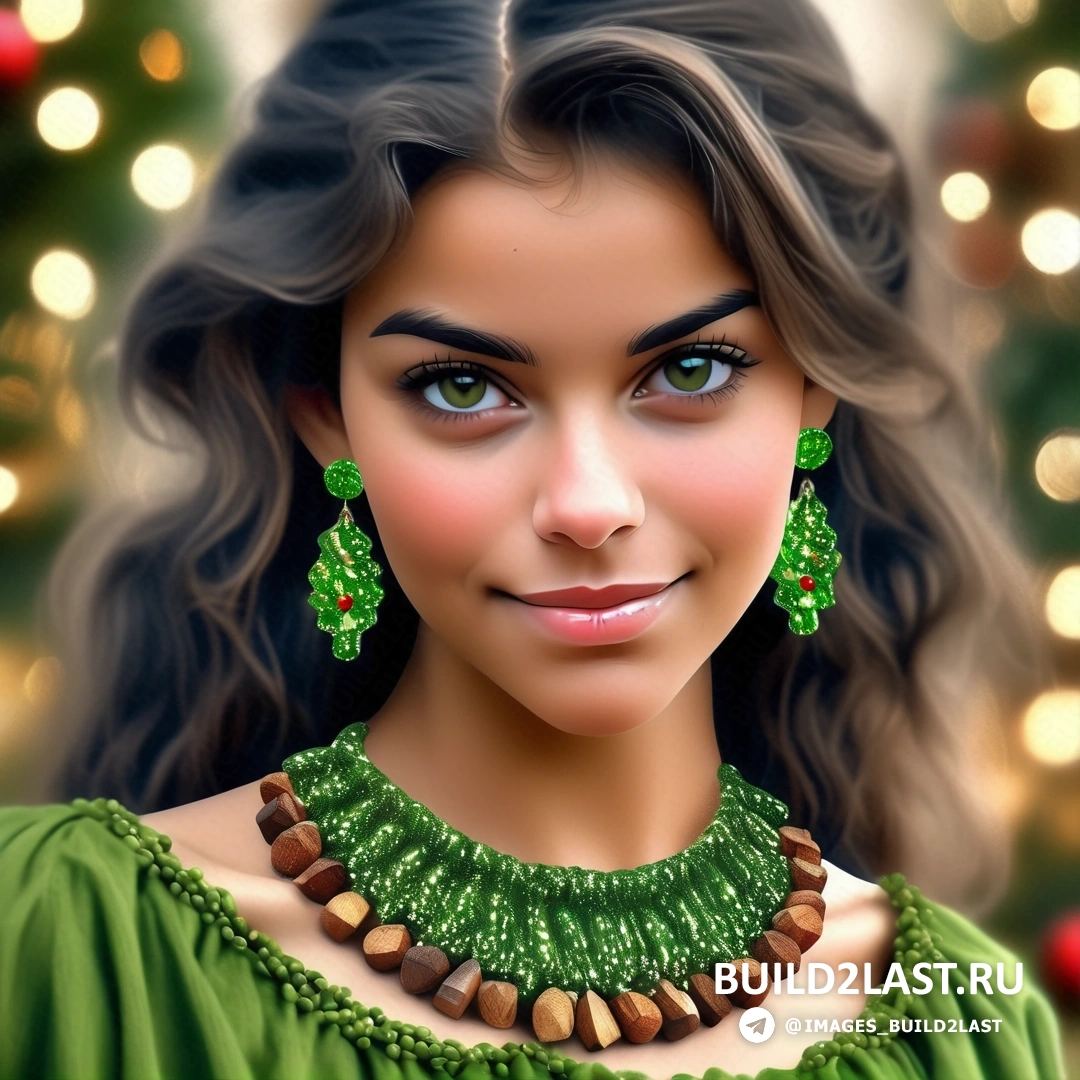 цифровая картина женщины в зеленом платье и ожерелье с деревянными бусинами и бусами