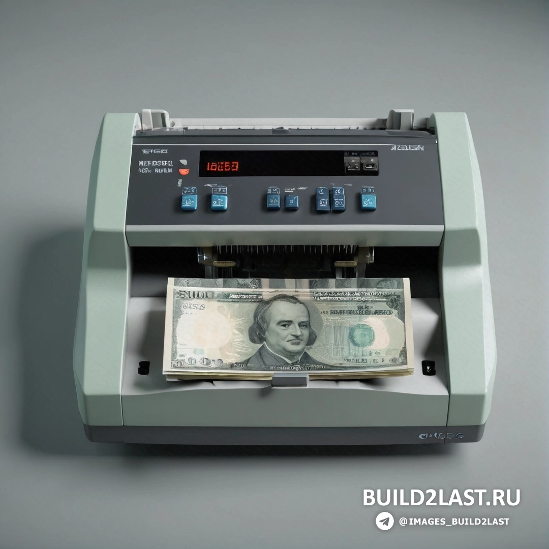 Концептуальное искусство - компьютерная визуализация. Цифровая счетная машина со стопкой денег перед ней на столешнице с серым фоном