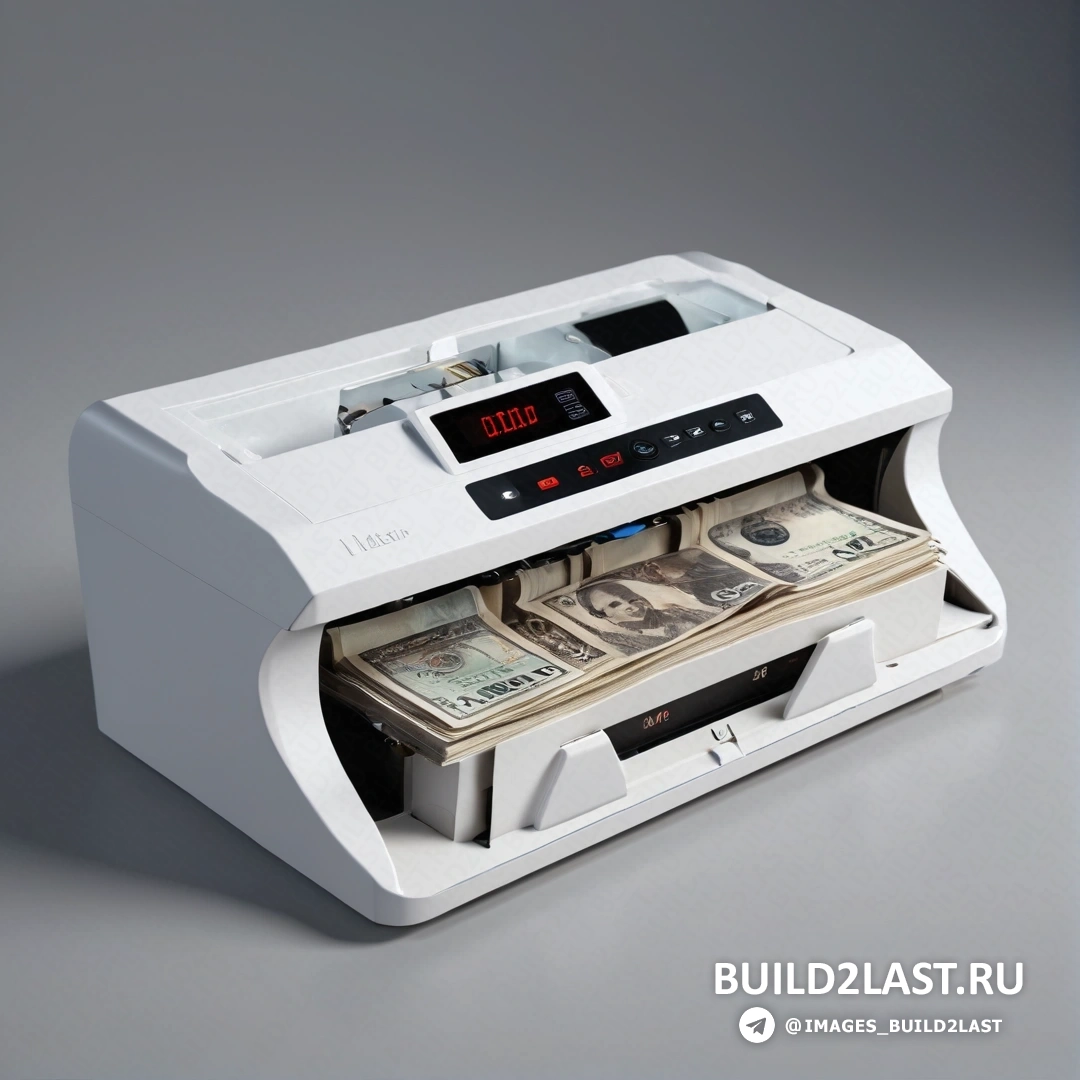 Концептуальное искусство - компьютерная визуализация. Цифровая столешница с деньгами и часами наверху, которые показывают 10 00 и отображаются