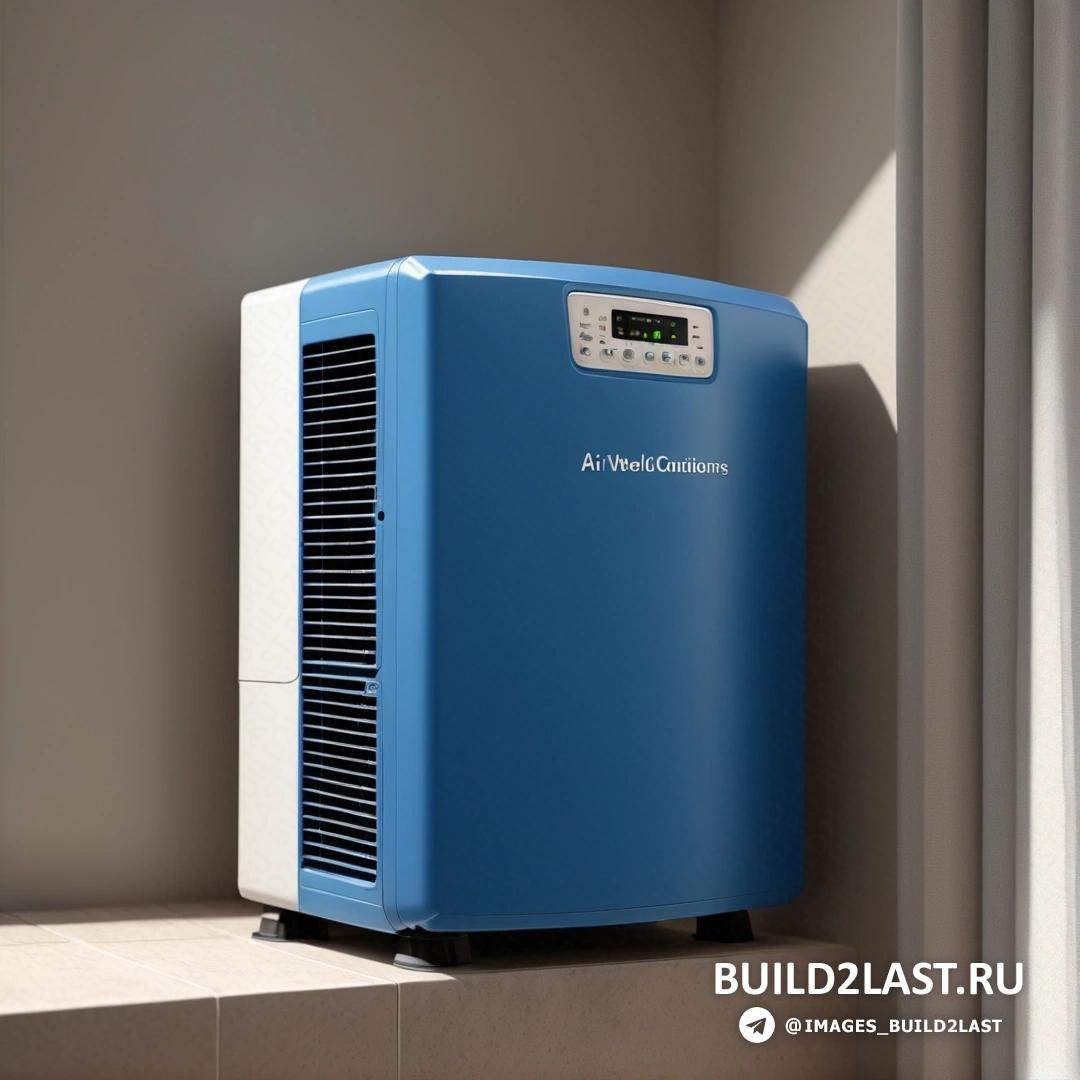 Climatiseur bleu et blanc sur un rebord &#224; c&#244;t&#233; d'une fen&#234;tre avec un rideau en arri&#232;re-plan