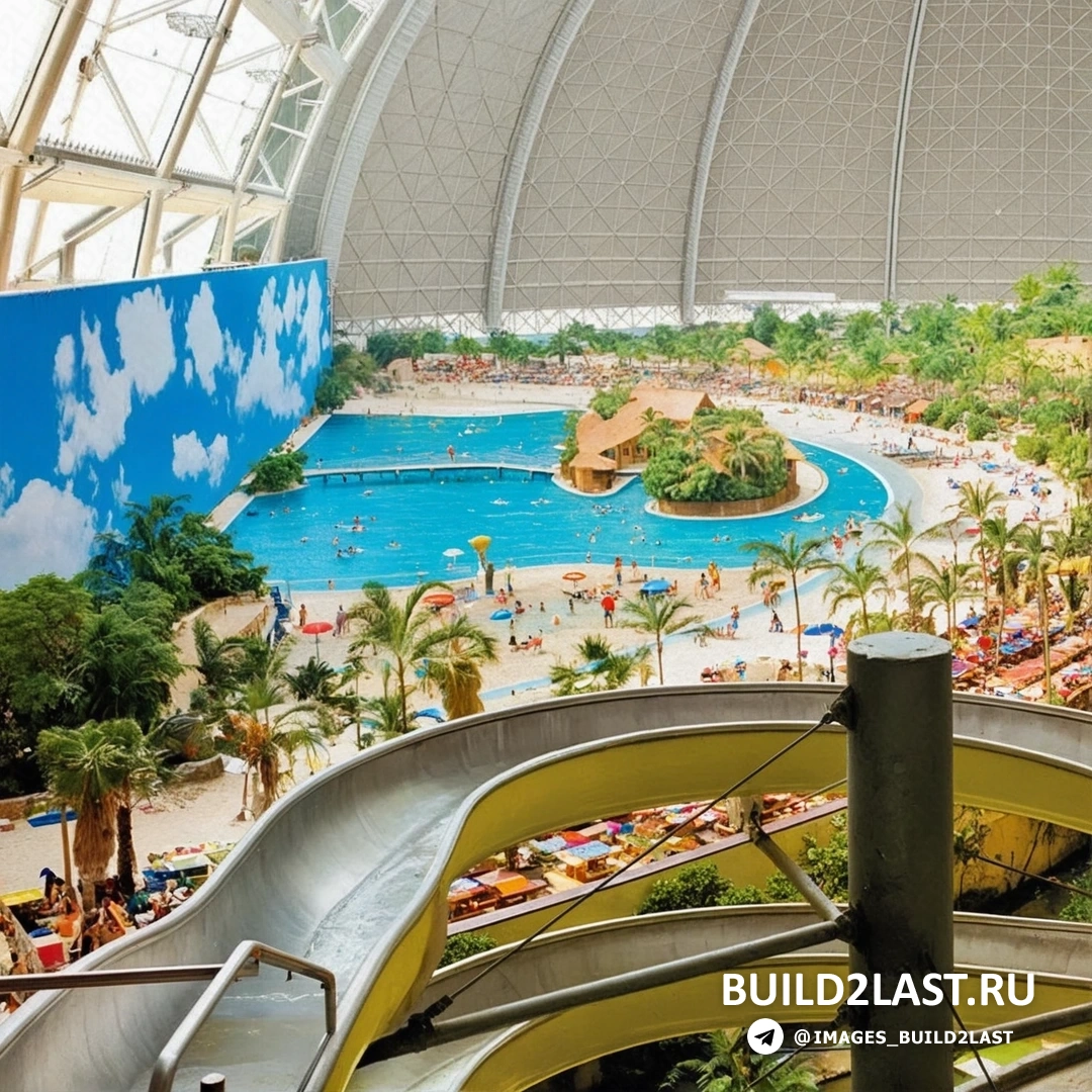 Цветной бассейн в аквапарке Tropical Islands с металлическими элементами и ландшафтным дизайном, Германия Цветной бассейн в аквапарке с металлическими элементами и ландшафтным дизайном в Германии