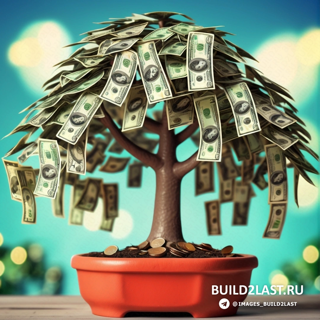 денежное дерево вырастает из растения в горшке с денежными купюрами на верхушке и фоном голубого неба