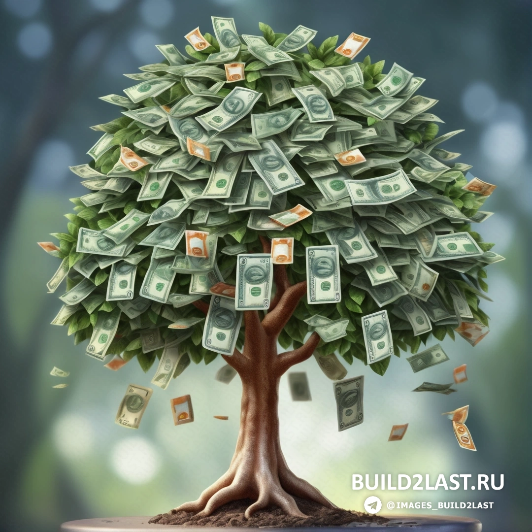 денежное дерево, с веток которого падают деньги, и монета в середине, на синем фоне